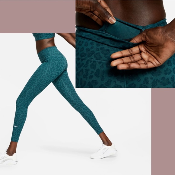 NWT Nike‎ [ XS ] Mid-Rise Leopard Glitter Active Leggings in Teal - Picture 2 of 12
